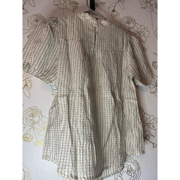 New Anthropologie Mine Womens Shirt  Size Medium White Gray Plaid Lace Neckline - Picture 5 of 8